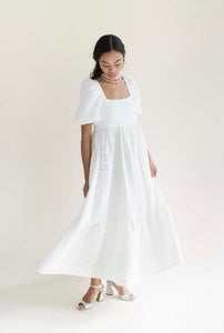 A Bronze Age Fancy Serenity Puff Dress, Midi Short Sleeve, Canada-Dresses-White Crinkle Crepe-XS-abronzeage.com