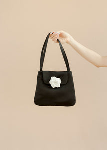 A Bronze Age Alice Bag, Satin Top Flap Evening Bag, Canada-Handbags-Black + White Rosette-abronzeage.com