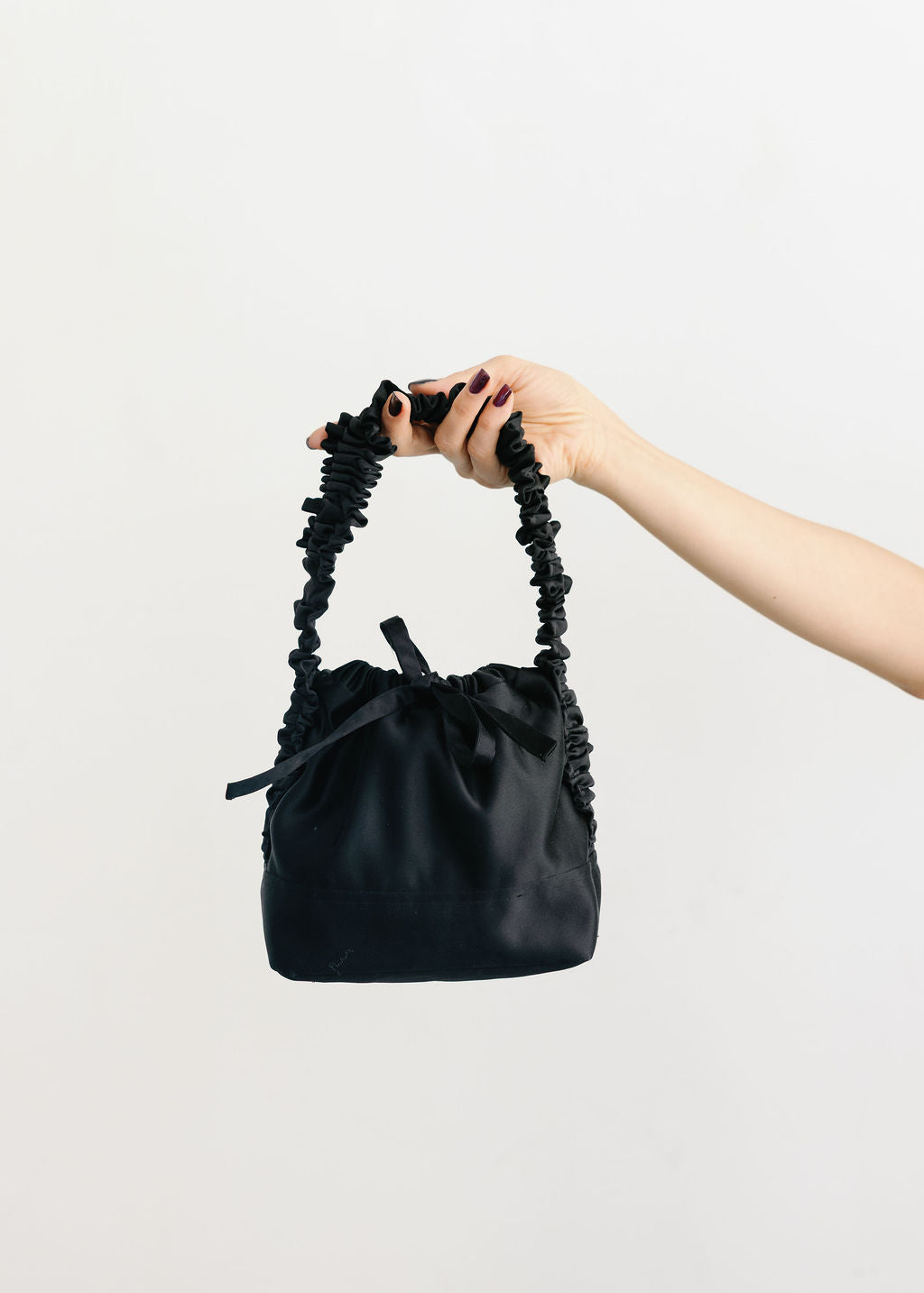 A Bronze Age Amy Purse, Ruffled Handle Satin Evening Bag, Canada-Handbags-Black-abronzeage.com