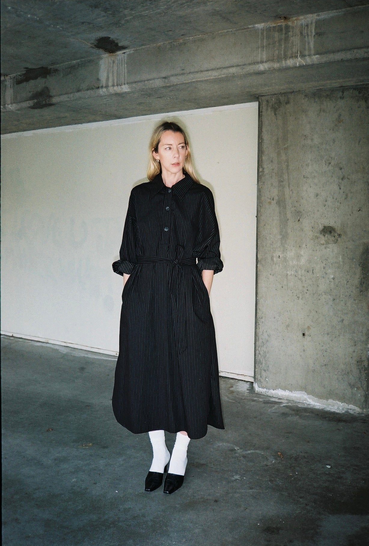 A Bronze Age Andi Dress, Oversized Cotton Shirt Dress | Made in Canada-Dresses-Black Pencil Stripe-XS-abronzeage.com