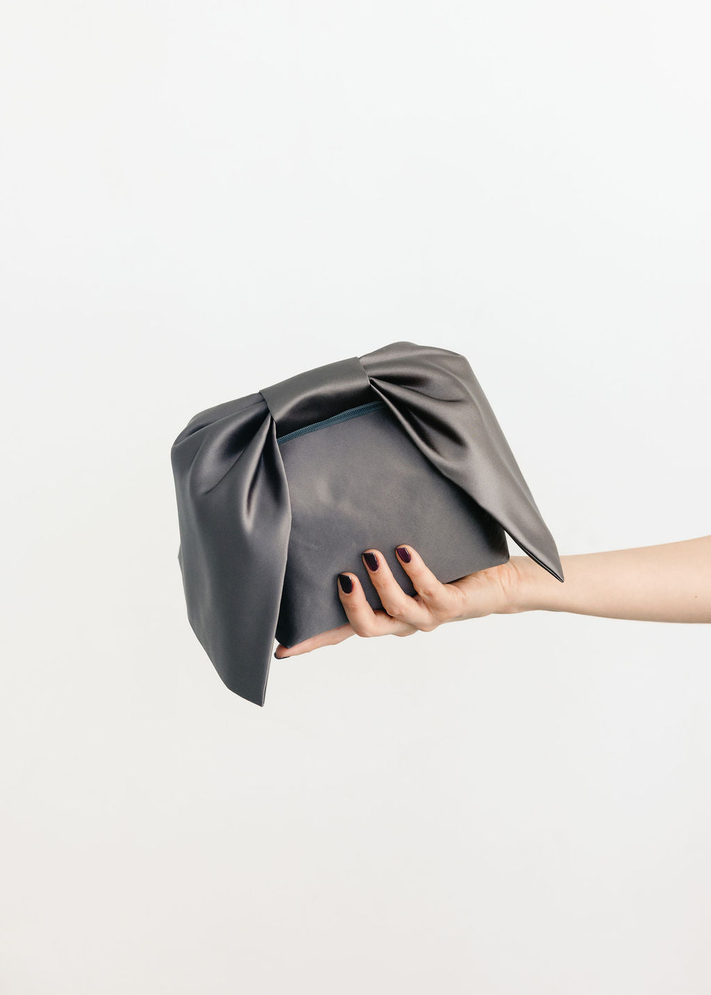 A Bronze Age Bento Clutch, Satin Handbag with Bow | Handcrafted in Vancouver, Canada-Handbags-Gunmetal-abronzeage.com