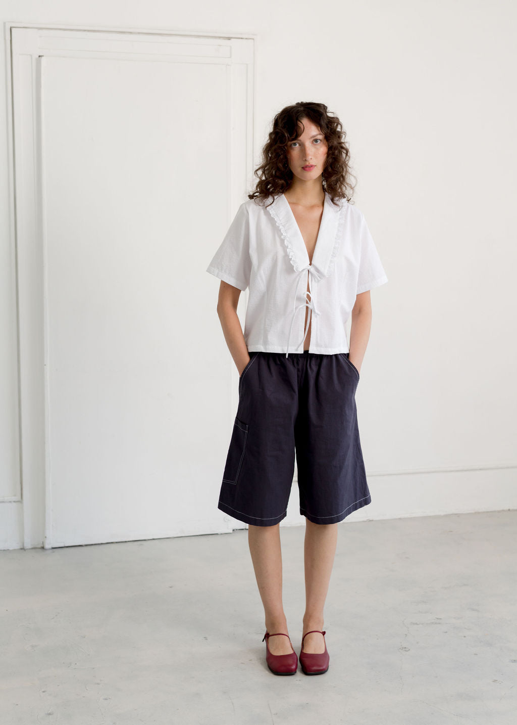 A Bronze Age Blossom Shorts, Wide Leg Long Shorts with Pockets | Made in Canada-Shorts-Navy Twill-XS-abronzeage.com