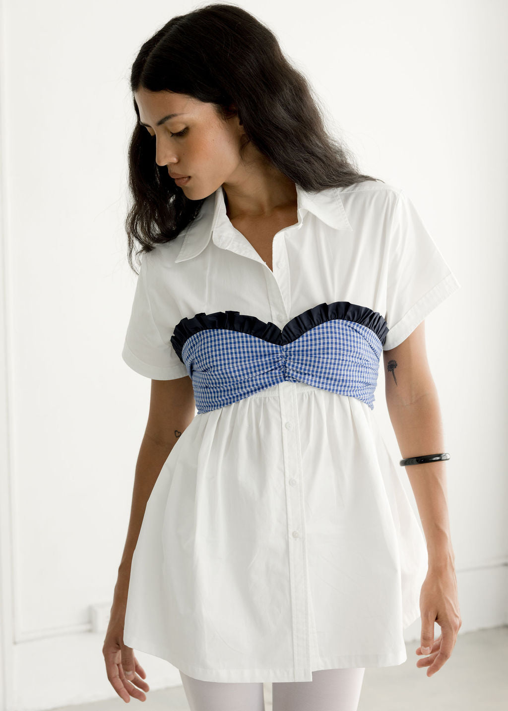 Charli Bandeau Adjustable Top with Ruffle | Made in Canada-Tops-Ocean Gingham/White-XS-abronzeage.com
