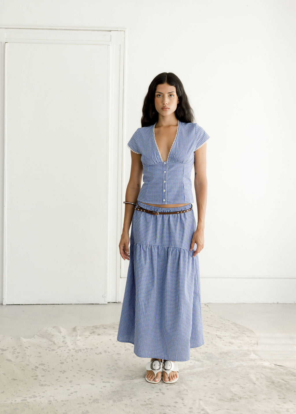 Gia Fitted Cap Sleeve Blouse with Tim Details | Made in Canada-Tops-Ocean Gingham-XS-abronzeage.com