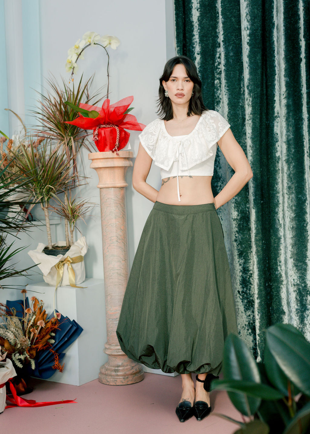 A Bronze Age Hart Skirt, Midi Balloon Mid-Rise Cotton Skirt | Handcrafted in Vancouver Canada-Skirts-abronzeage.com