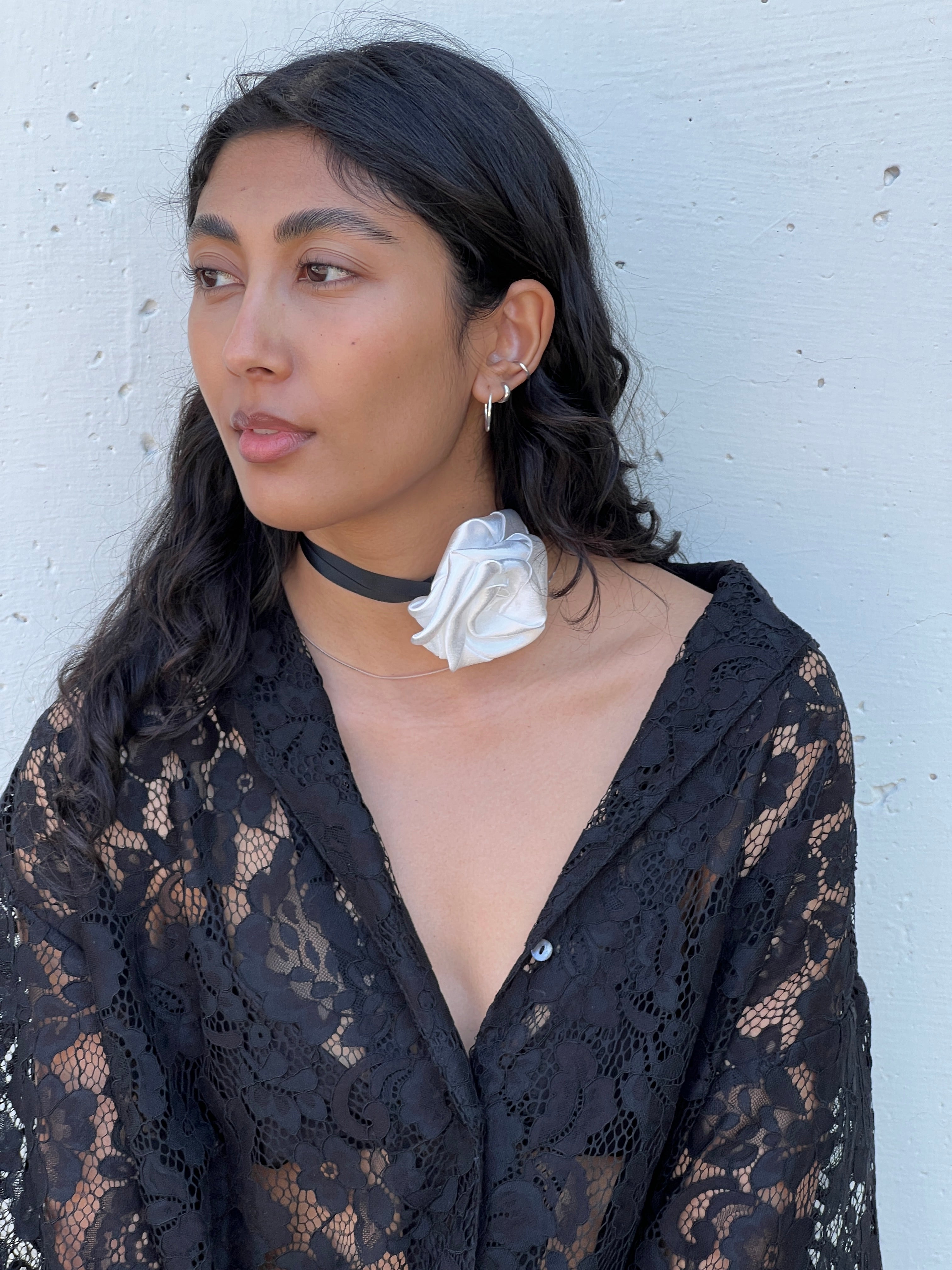A Bronze Age Stella Satin Rosette on Ribbon, Flower Choker or Belt, Canada-Hair-White Marielle Satin-abronzeage.com