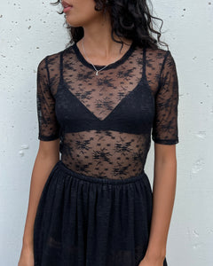 A Bronze Age Melrose Sheer Lace Top, Mid Length Sleeves-Tops-Onyx Stretch Lace-XS-abronzeage.com