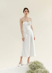 A Bronze Age Margot Satin Dress, Spaghetti Strap w/ Taffeta Bow, Canada-Dresses-White Marielle Satin-XS-abronzeage.com