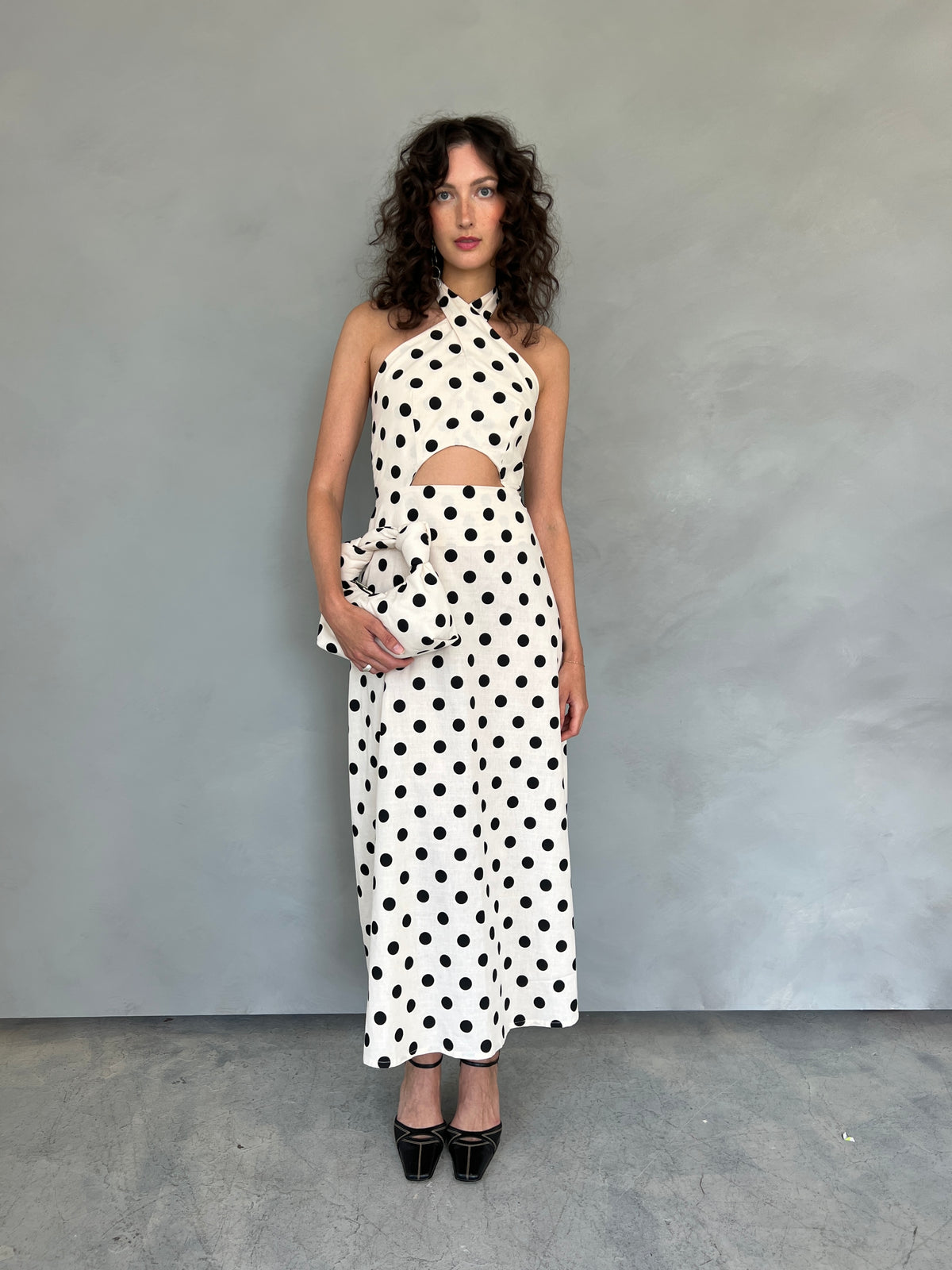 A Bronze Age Naya Dress, Midi Length Halter Tie | Made in Canada-Dresses-Polka Dot-XS-abronzeage.com