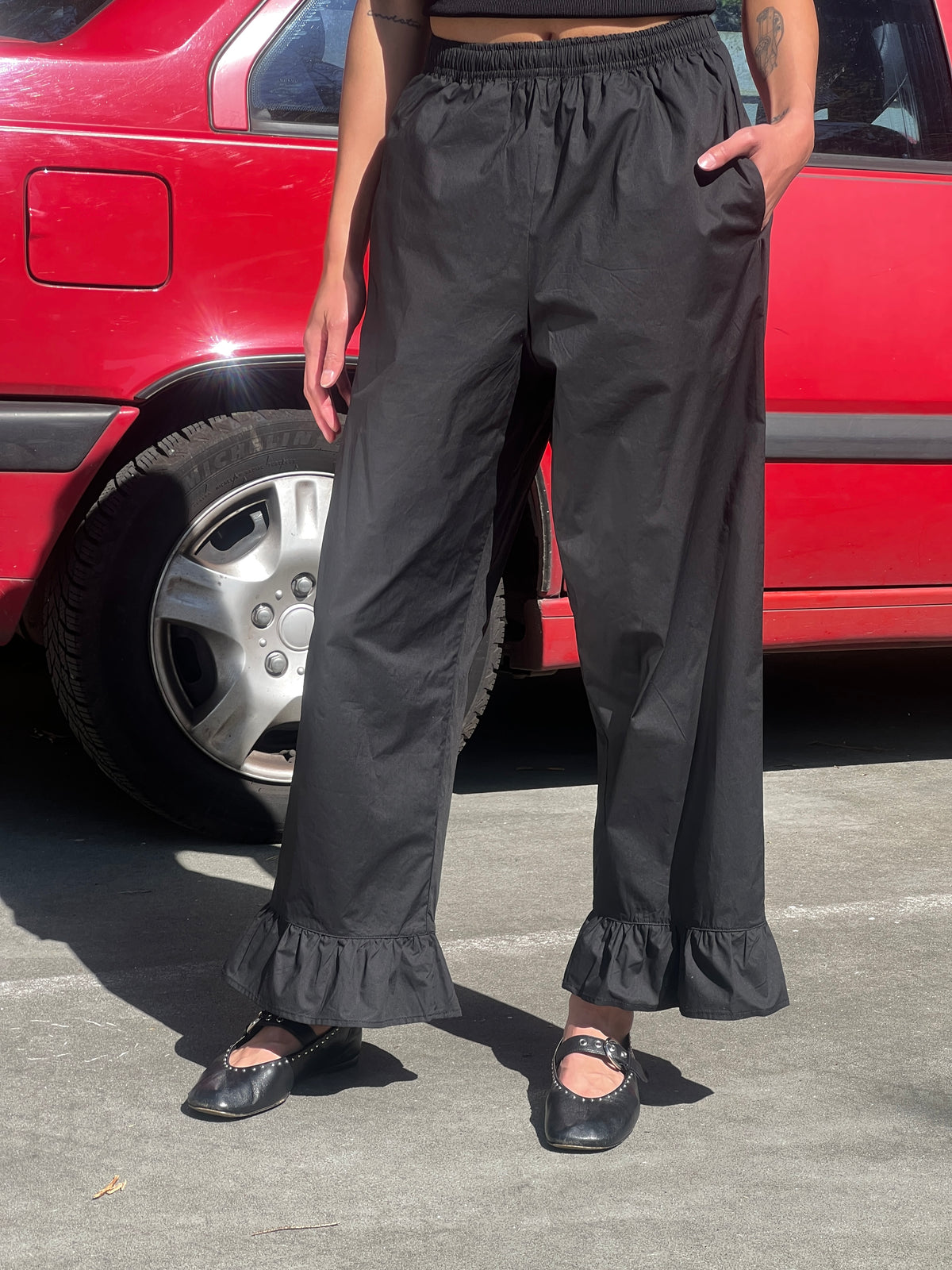 A Bronze Age Party Pants, Ruffle Hem Drawstring Pants, Canada-Pants-Black-XS-abronzeage.com
