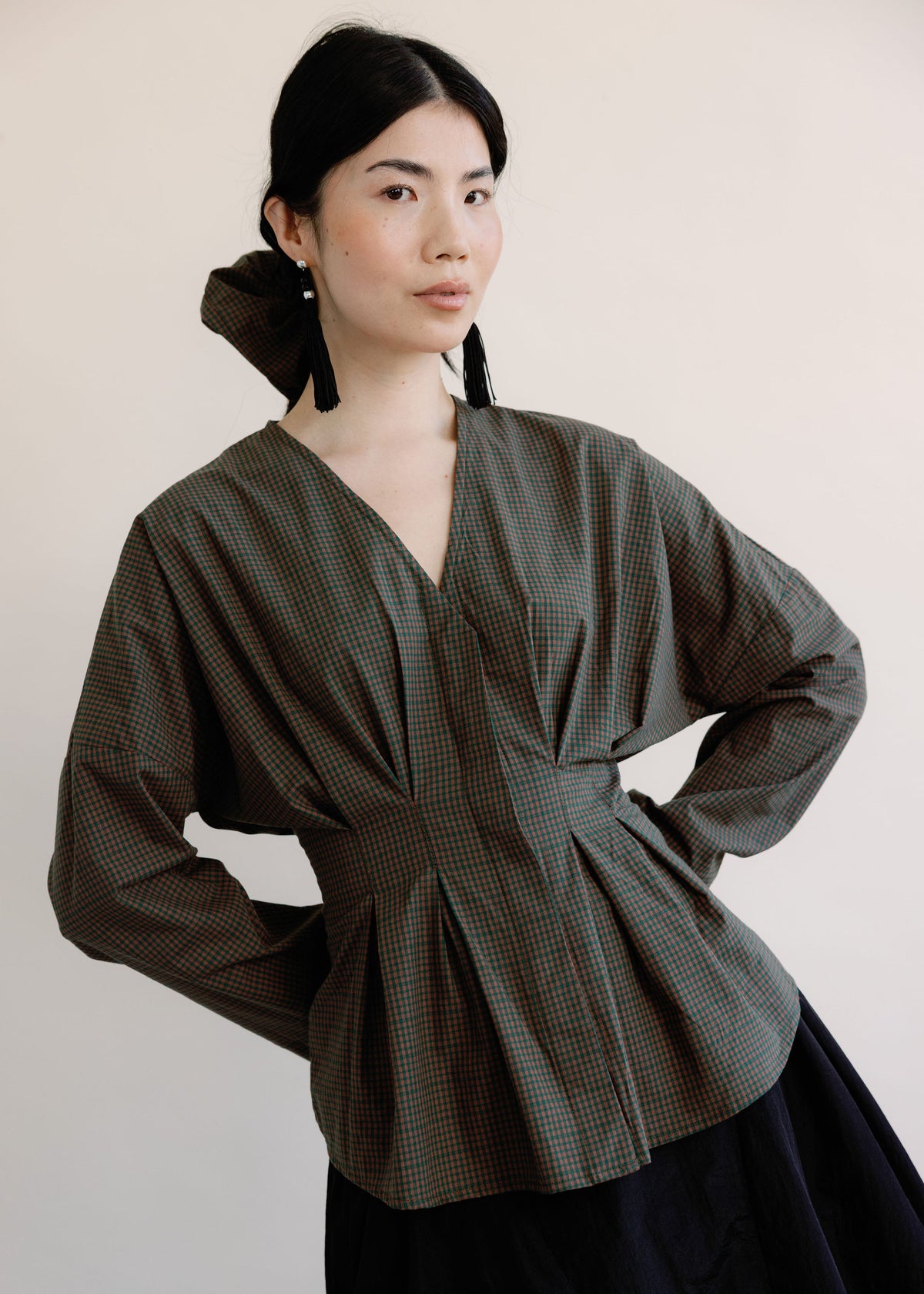 Pierce Top | Pleated V-Neck Shirt, Made in Canada | A Bronze Age-Tops-Beryl Gingham-XS-abronzeage.com
