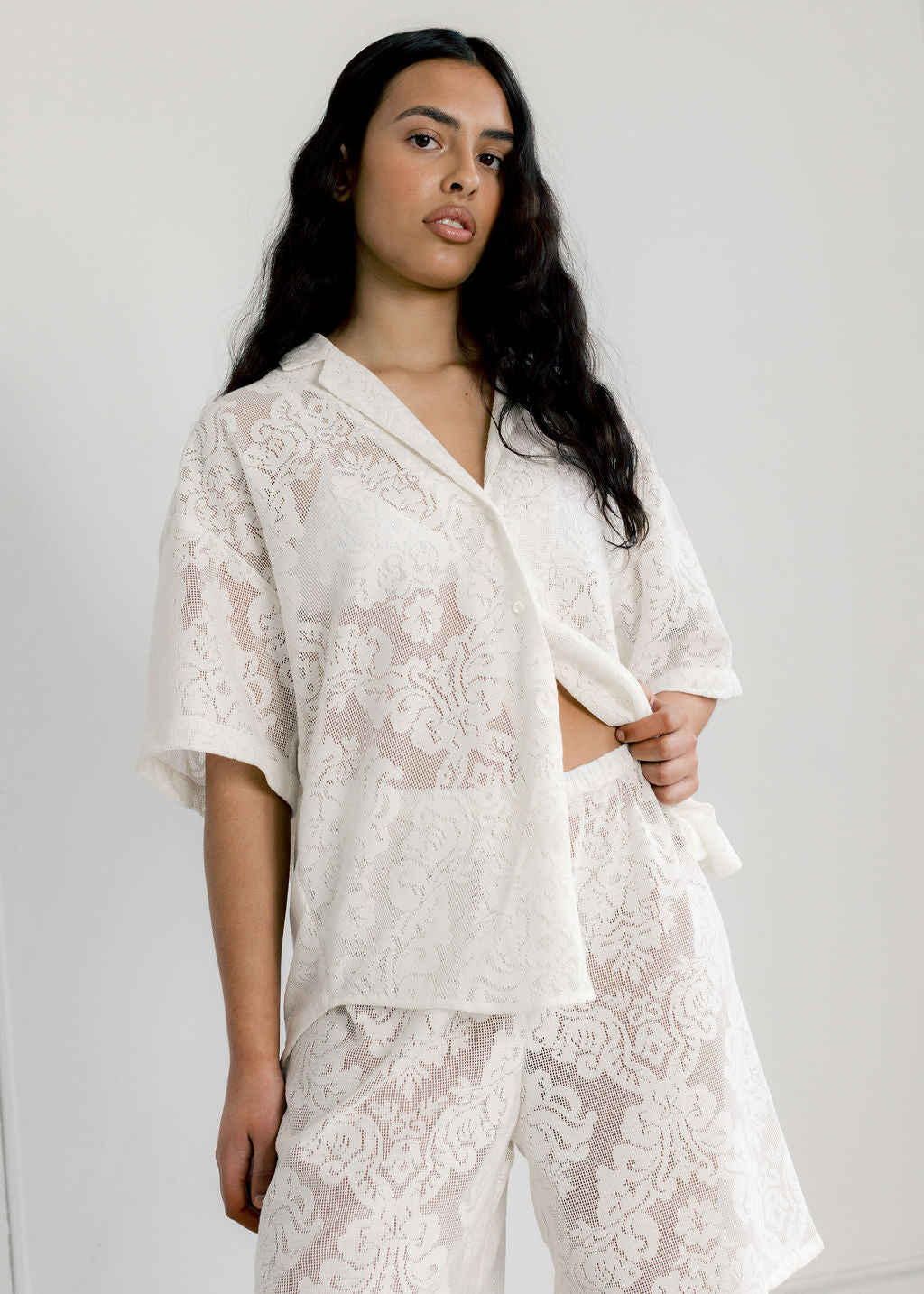 A Bronze Age Lace Romeo Button Down Shirt, Short Sleeve Top, Canada-Tops-Tabitha lace-XS-abronzeage.com