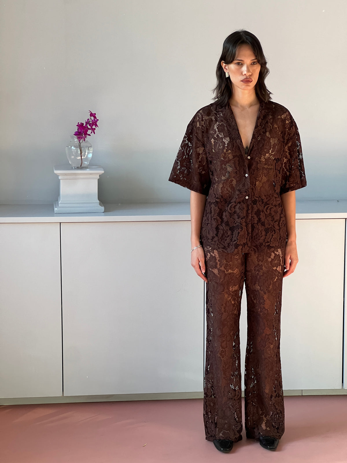 A Bronze Age Lace Romeo Button Down Shirt, Short Sleeve Top, Canada-Tops-Americano Lace-XS-abronzeage.com