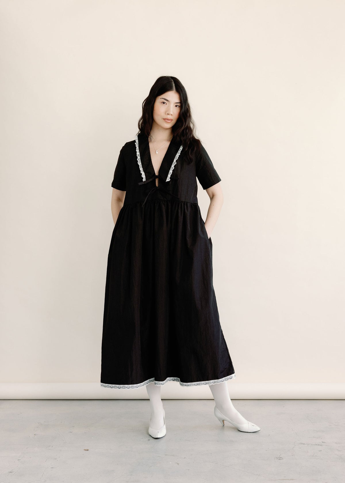 Shiloh Winter Party Dress with Lace Trim Sailor Collar | Made in Canada-Dresses-Black Taffeta-XS-abronzeage.com