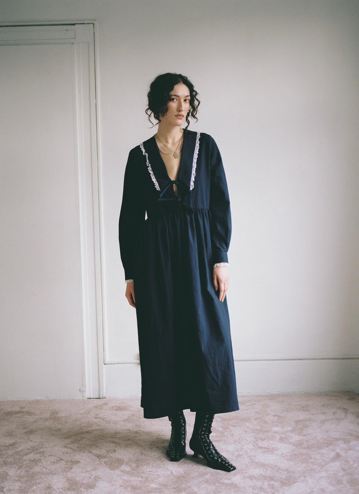 Woolf Long Sleeve Dress with Lace Trim and Sailor Collar | Made in Canada-Dresses-Navy Dimple-XS-abronzeage.com