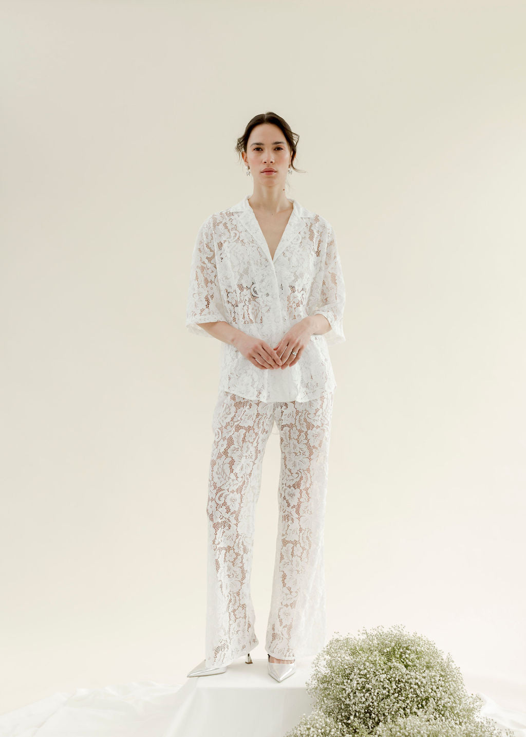 A Bronze Age Lace Lily Pant, Slim Flared Pant, Canada-Pants-Ivory Lanai Lace-XS-abronzeage.com