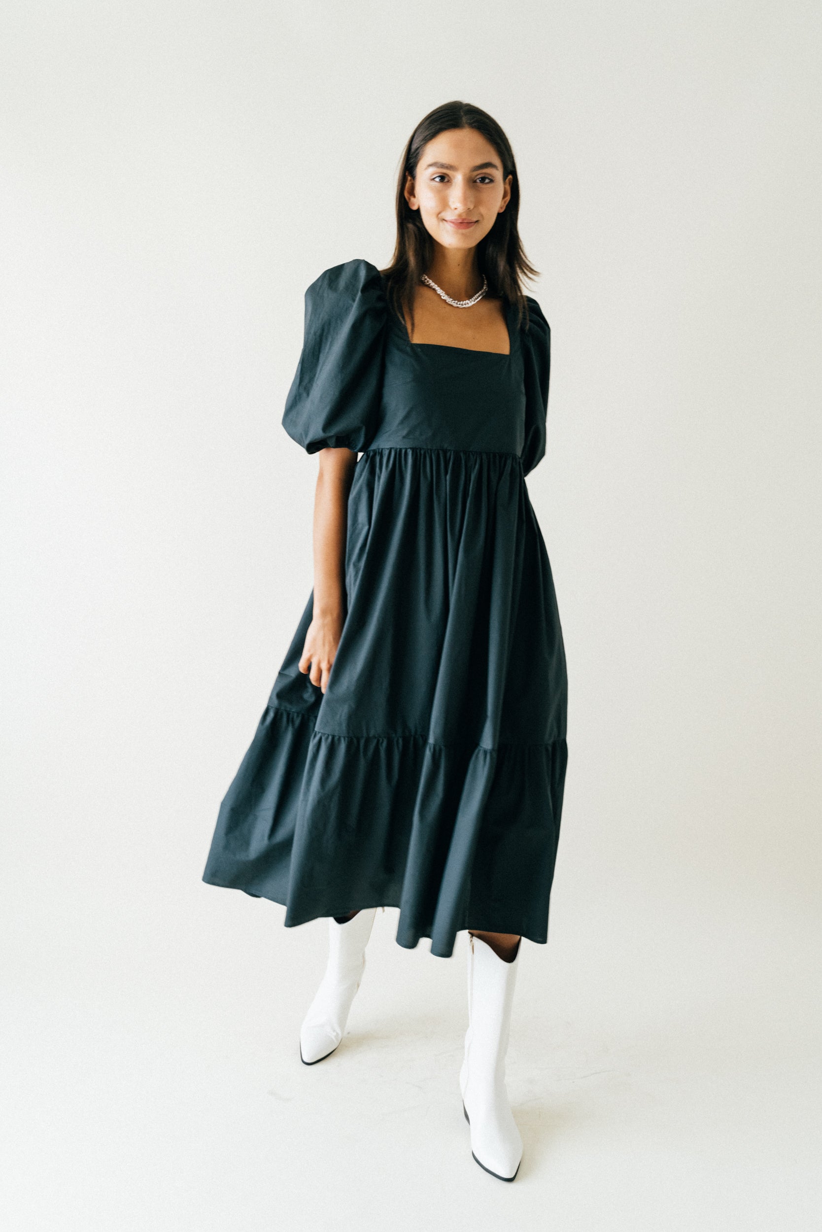 A Bronze Age Serenity Puff Dress, Short Sleeve Cotton Midi, Canada-Dresses-Stone-XS-abronzeage.com