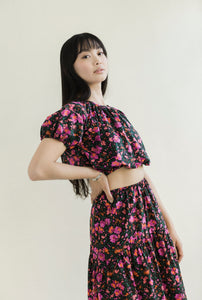 A Bronze Age Rosie Cropped Top, Elastic Hem Short Sleeve, Canada-Tops-Abstract Floral-XS-abronzeage.com