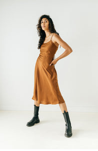 A Bronze Age Heartbreak Slip Dress, Midi Open Back, Canada-Dresses-Cocoa-XS-abronzeage.com