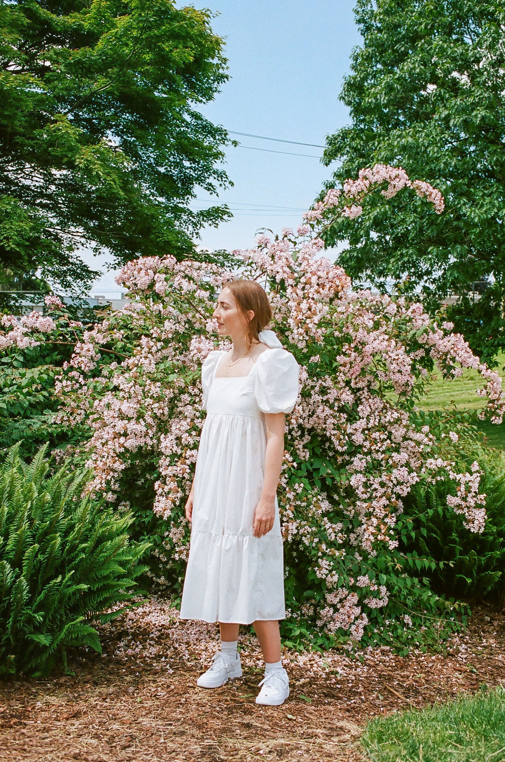 A Bronze Age Serenity Puff Dress in White, Short Sleeve Cotton