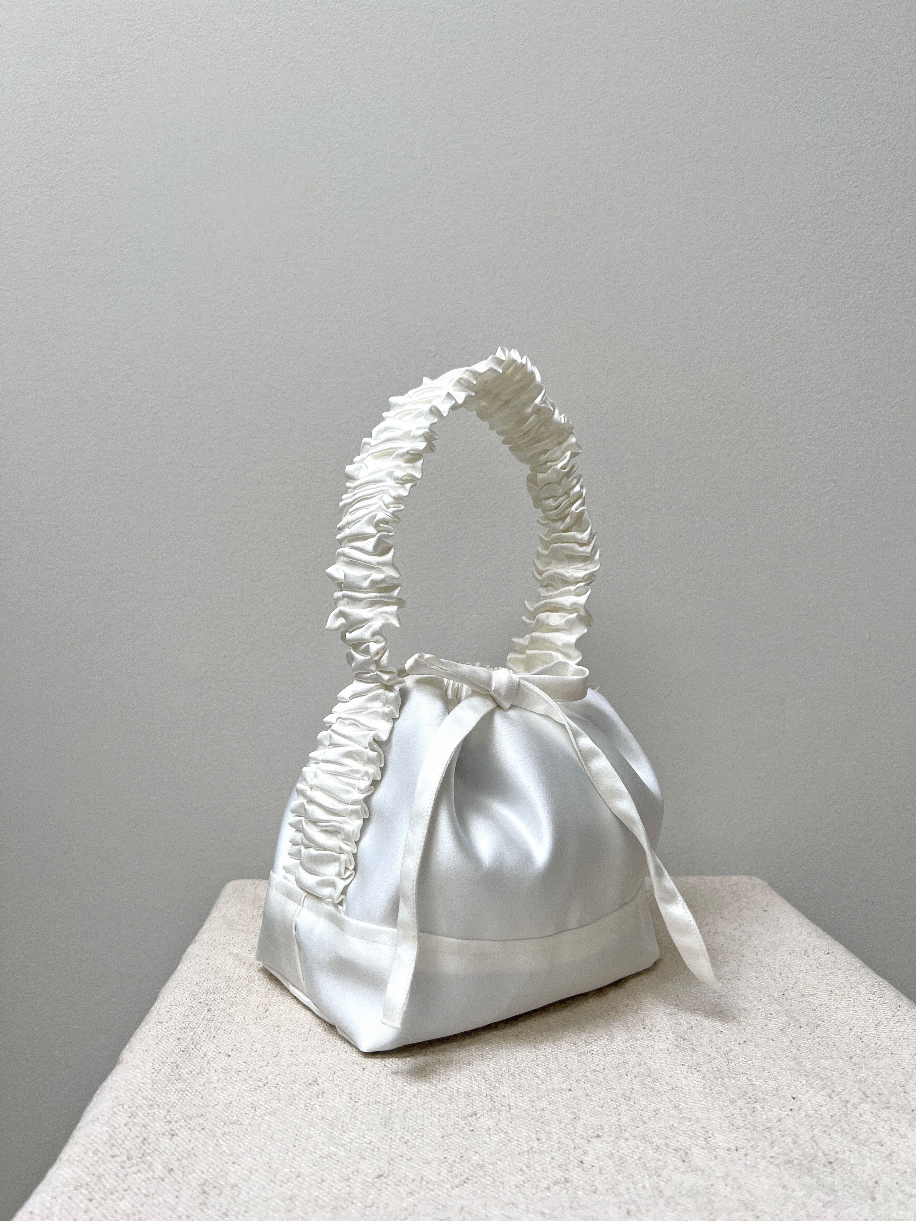 A Bronze Age Amy Purse, Ruffled Handle Satin Evening Bag, Canada-Handbags-Ivory-abronzeage.com