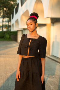 A Bronze Age Fancy Harmony Top, Cropped Blouse with Bows, Canada-Tops-Black Crinkle Crepe-XS-abronzeage.com