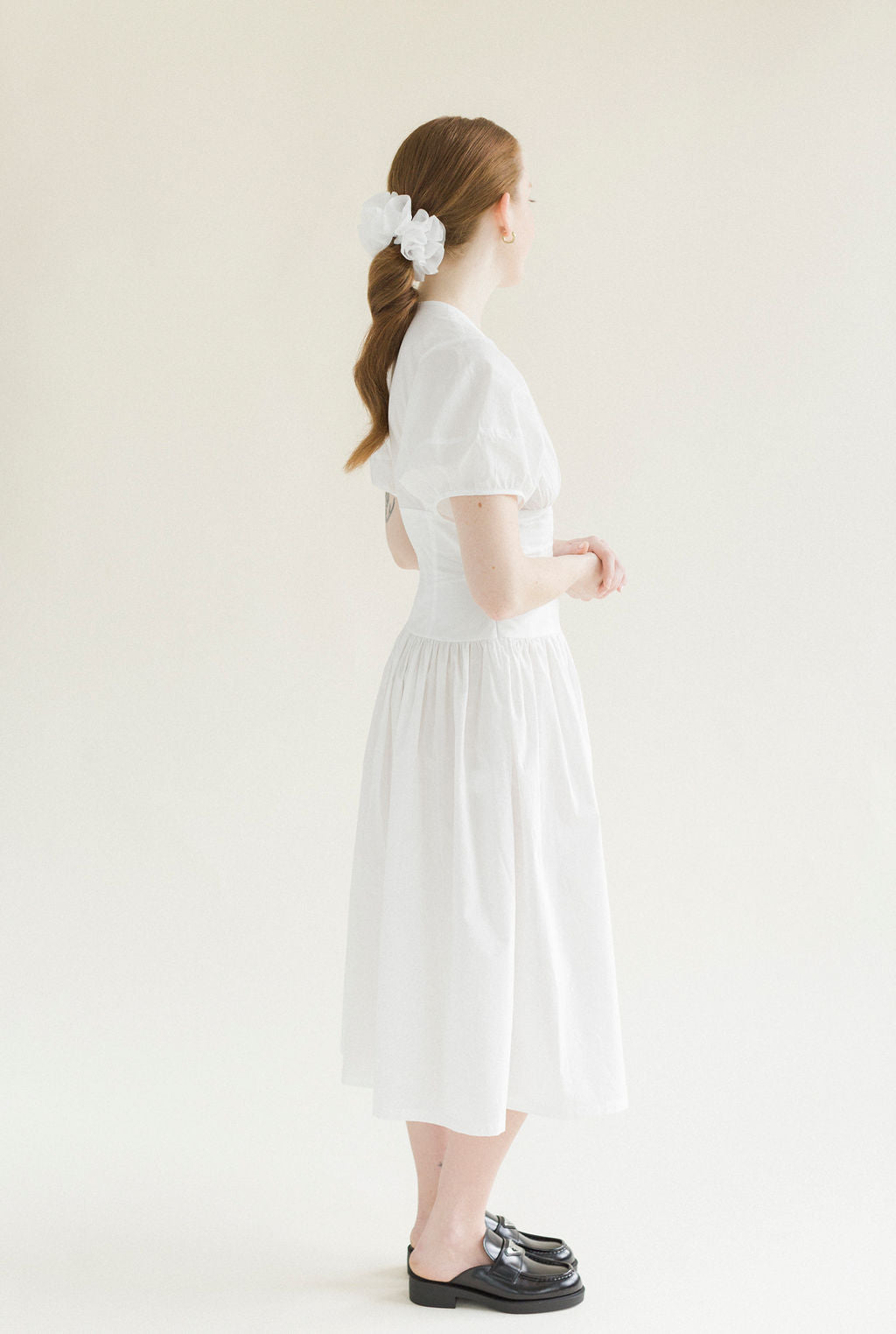 A Bronze Age Drea Dress in White, Lantern Sleeve Midi, Canada-Dresses-abronzeage.com