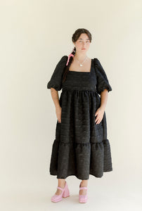 A Bronze Age Fancy Serenity Puff Dress, Midi Short Sleeve, Canada-Dresses-Black Crinkle Crepe-XS-abronzeage.com