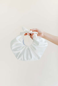 A Bronze Age Kiku Satin Croissant Bag, Evening Bag, Canada-Handbags-White Satin + Ice Blue Interior-abronzeage.com