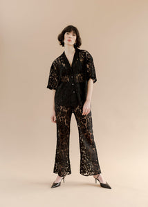 A Bronze Age Lace Romeo Button Down Shirt, Short Sleeve Top, Canada-Tops-Black Lace-XS-abronzeage.com