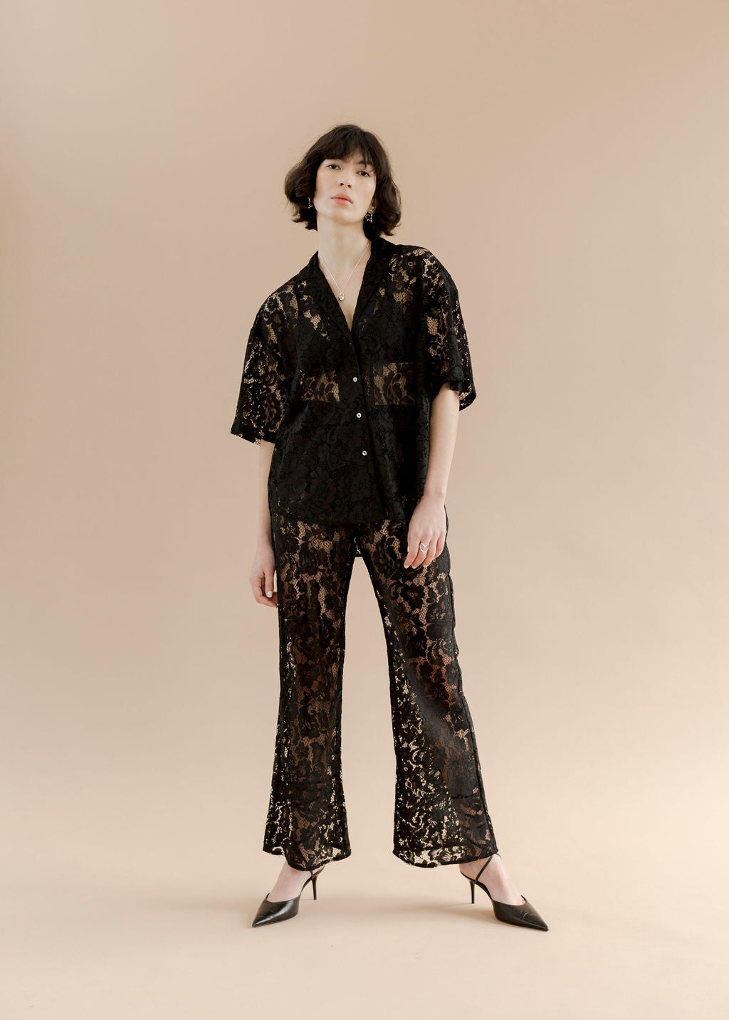 A Bronze Age Lace Lily Pant, Slim Flared Pant, Canada-Pants-Black Lace-XS-abronzeage.com