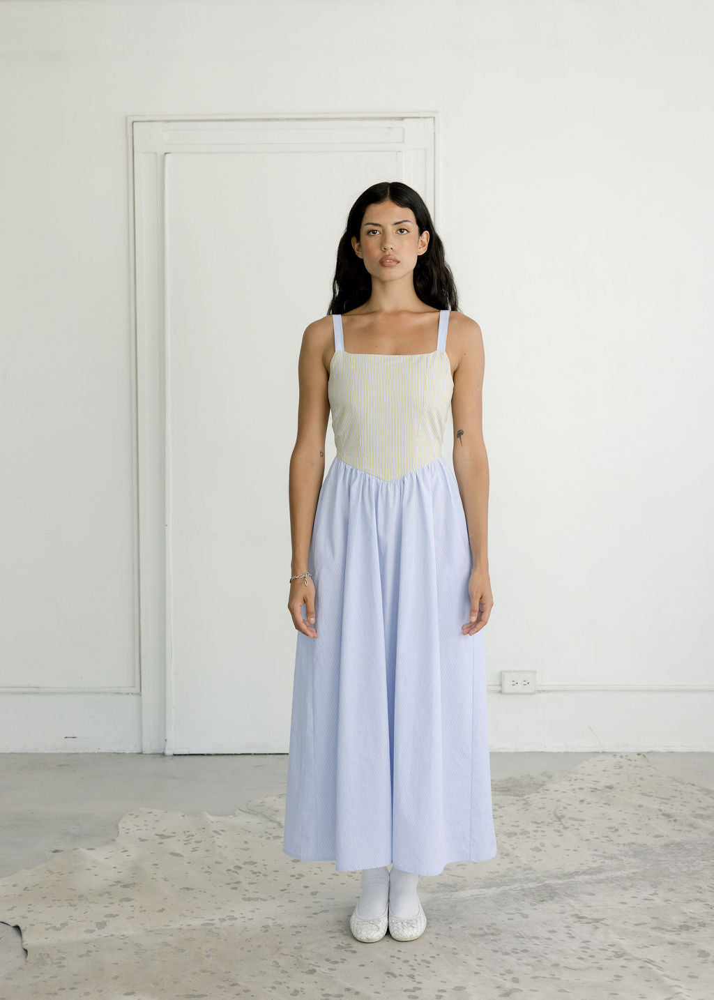 A Bronze Age Aura Dress, Basque Waistline & Bodice Detail with Pockets | Made in Canada-Dresses-Micro Stripe/Marigold Stripe-XS-abronzeage.com