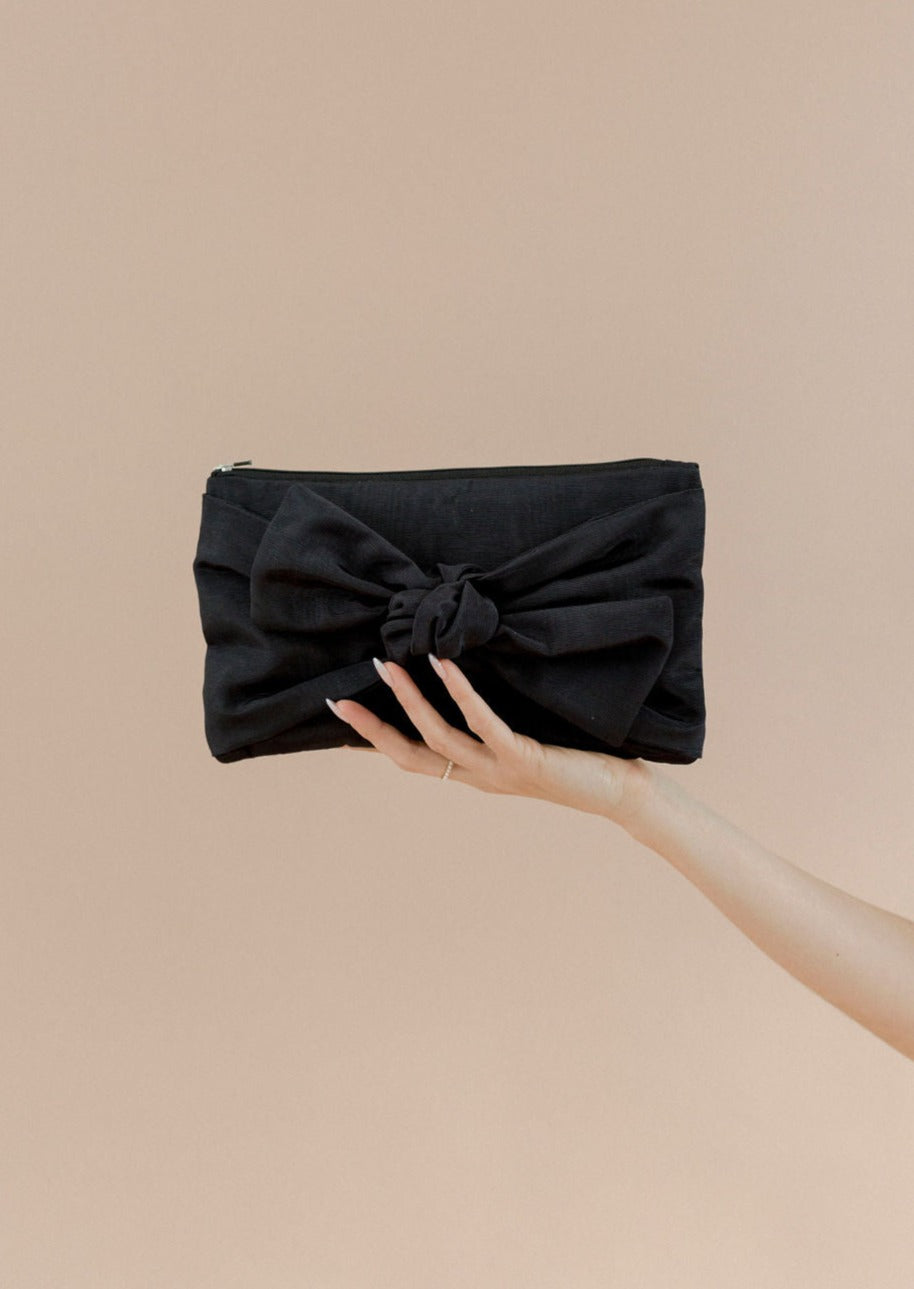 A Bronze Age Bow Clutch, Moiré Zip Top Evening Bag Clutch, Canada-Handbags-Black Moire-abronzeage.com