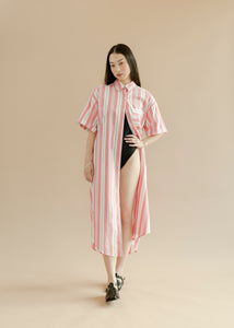 A Bronze Age Bruno Oversized Shirt Dress, Button-Down Midi Dress, Canada-Dresses-Watermelon Stripe-XS-abronzeage.com