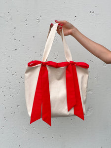 A Bronze Age Bunny Tote with Bows, Cotton Handbag, Canada-Handbags-Bone/Cherry Poplin-abronzeage.com