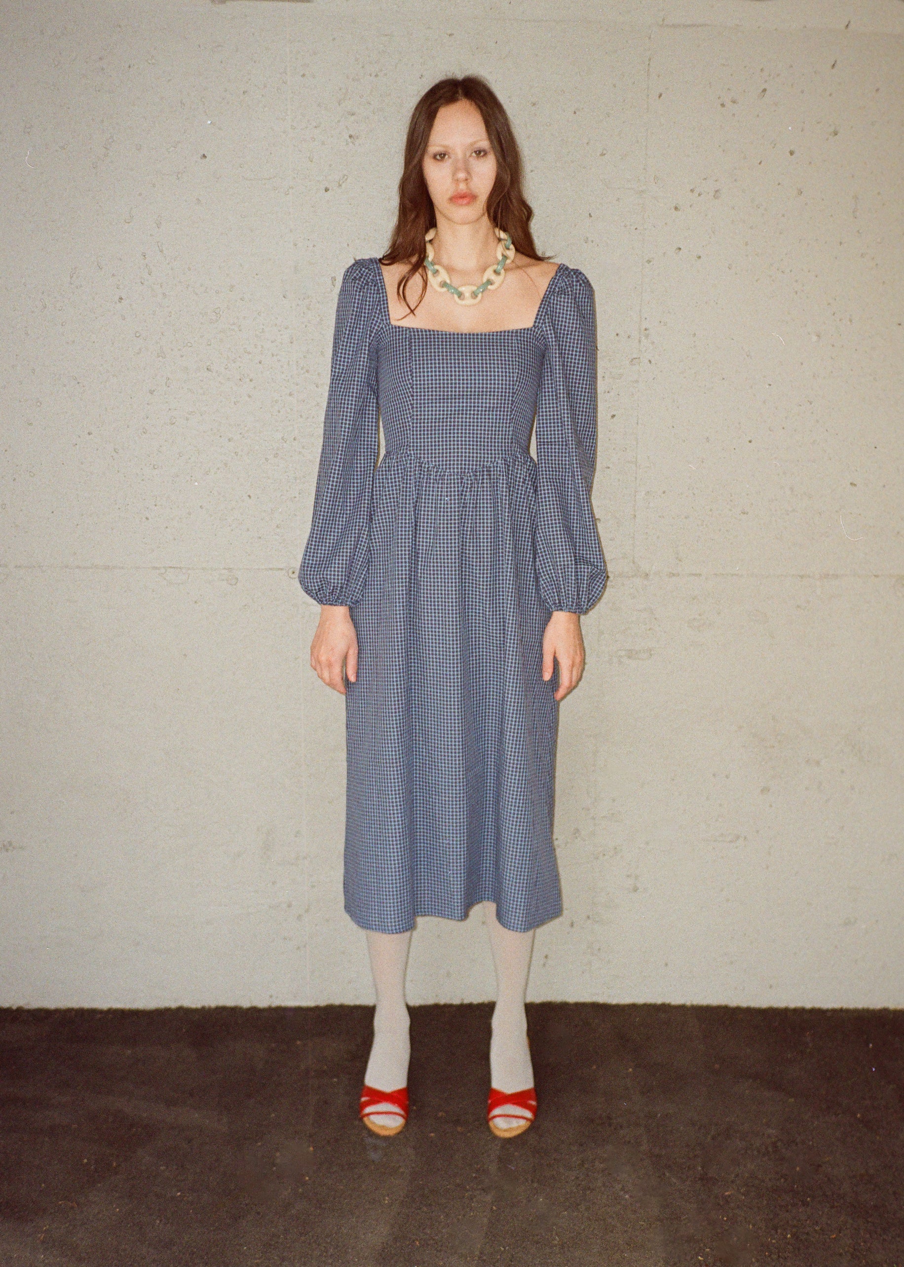 A Bronze Age Charm Dress, Puff Sleeve Midi Dress, Canada-Dresses-Lou GIngham-XS-abronzeage.com