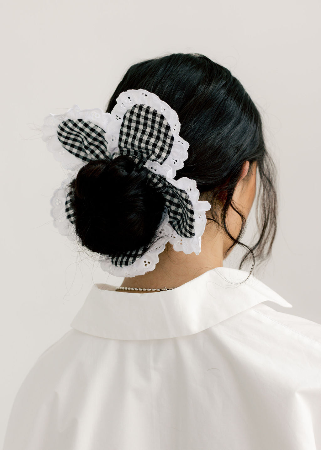 A Bronze Age Daisy Hair Scrunchie, Eyelet Trim Scrunchie | Made in Canada-Hair-Black Gingham-abronzeage.com