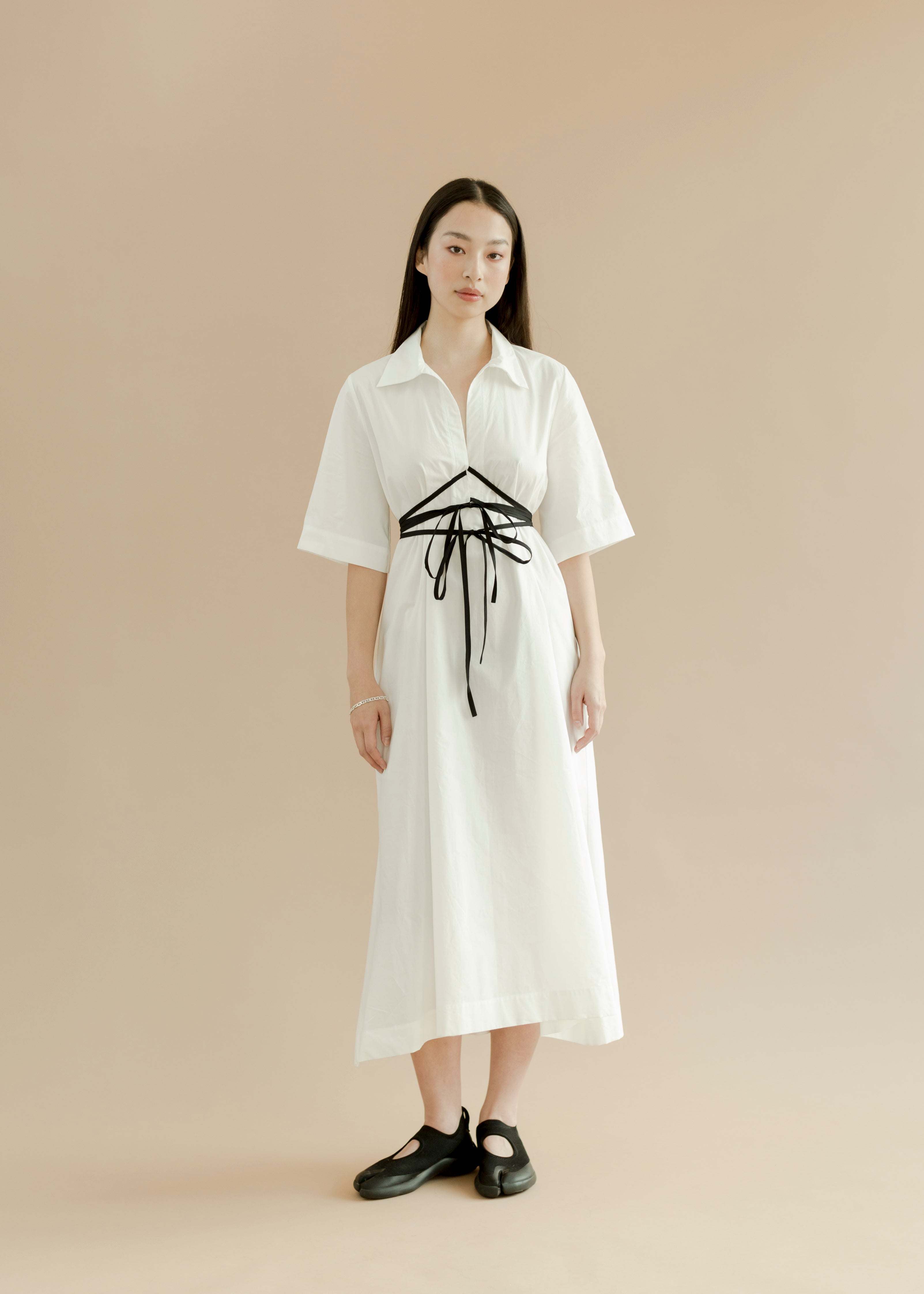 A Bronze Age Eden Dress, Collared & Corset-Style Tie-Up Dress with Pockets | Handcrafted in Vancouver Canada-Dresses-White Poplin With Black Ties-XS-abronzeage.com