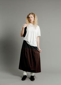 A Bronze Age Field Skirt, Midi Skirt Elastic Waist, Canada-Skirts-Java/ Black Pencil Stripe-XS-abronzeage.com