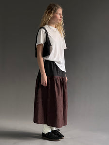 A Bronze Age Field Skirt, Midi Skirt Elastic Waist, Canada-Skirts-Java/ Black Pencil Stripe-XS-abronzeage.com