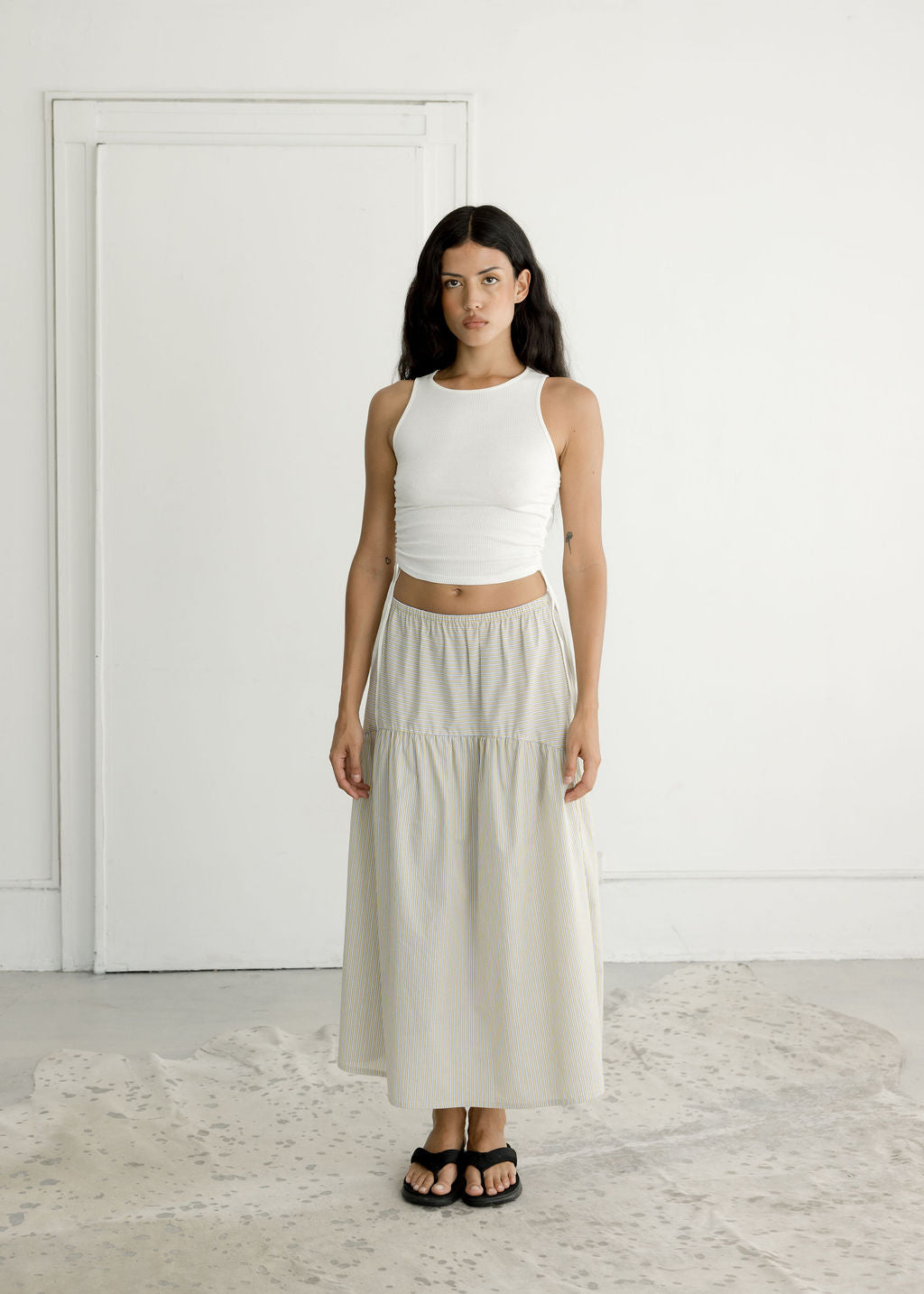 A Bronze Age Field Skirt, Midi Skirt Elastic Waist, Canada-Skirts-Marigold Stripe-XS-abronzeage.com