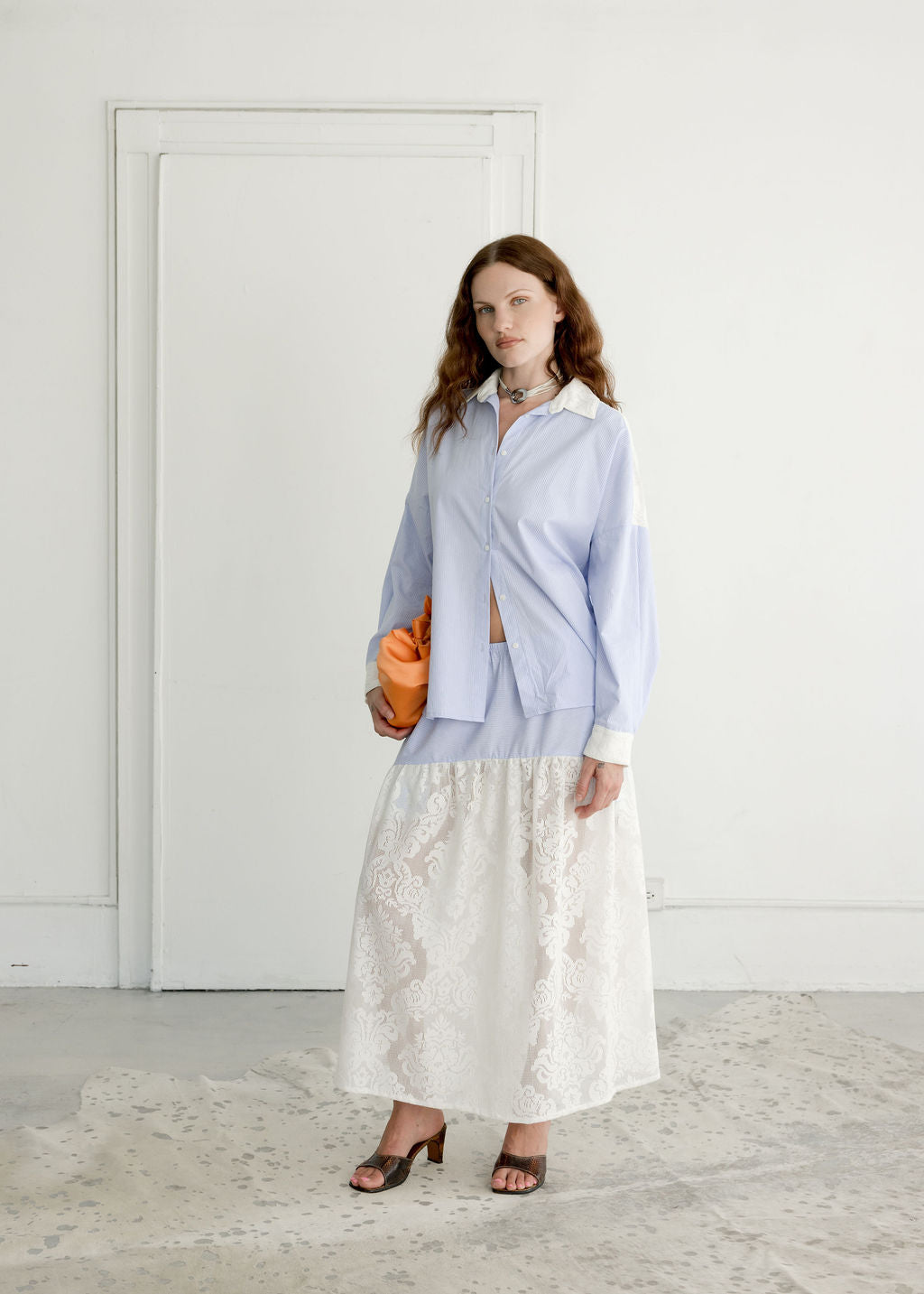 A Bronze Age Field Skirt, Midi Skirt Elastic Waist, Canada-Skirts-Micro Stripe/Tabitha Lace-XS-abronzeage.com