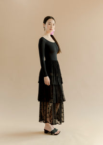 A Bronze Age Flutter Tiered Skirt, Elastic Midi Skirt, Canada-Skirts-Onyx Stretch Lace-XS-abronzeage.com