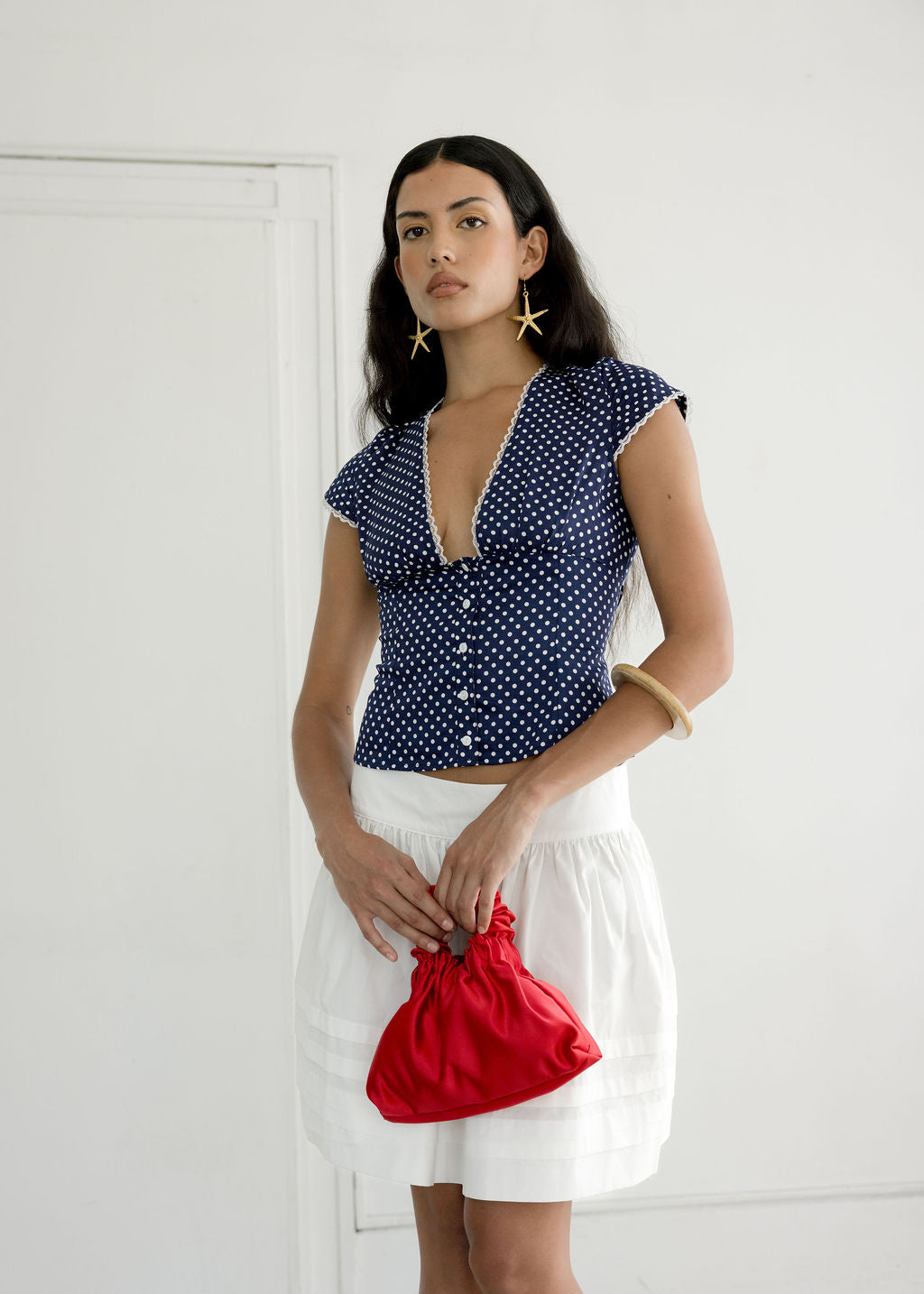 Gia Fitted Cap Sleeve Blouse with Tim Details | Made in Canada-Tops-Navy Polkadot-XS-abronzeage.com