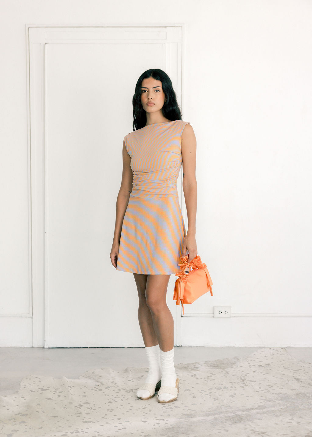Gwen Side Ruched Sleeveless Cotton-Jersey Dress | Made in Canada-Dresses-Vesper Stripe-XS-abronzeage.com