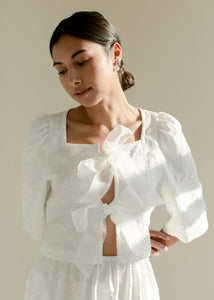 A Bronze Age Fancy Harmony Top, Cropped Blouse with Bows, Canada-Tops-White Crinkle Crepe-XS-abronzeage.com