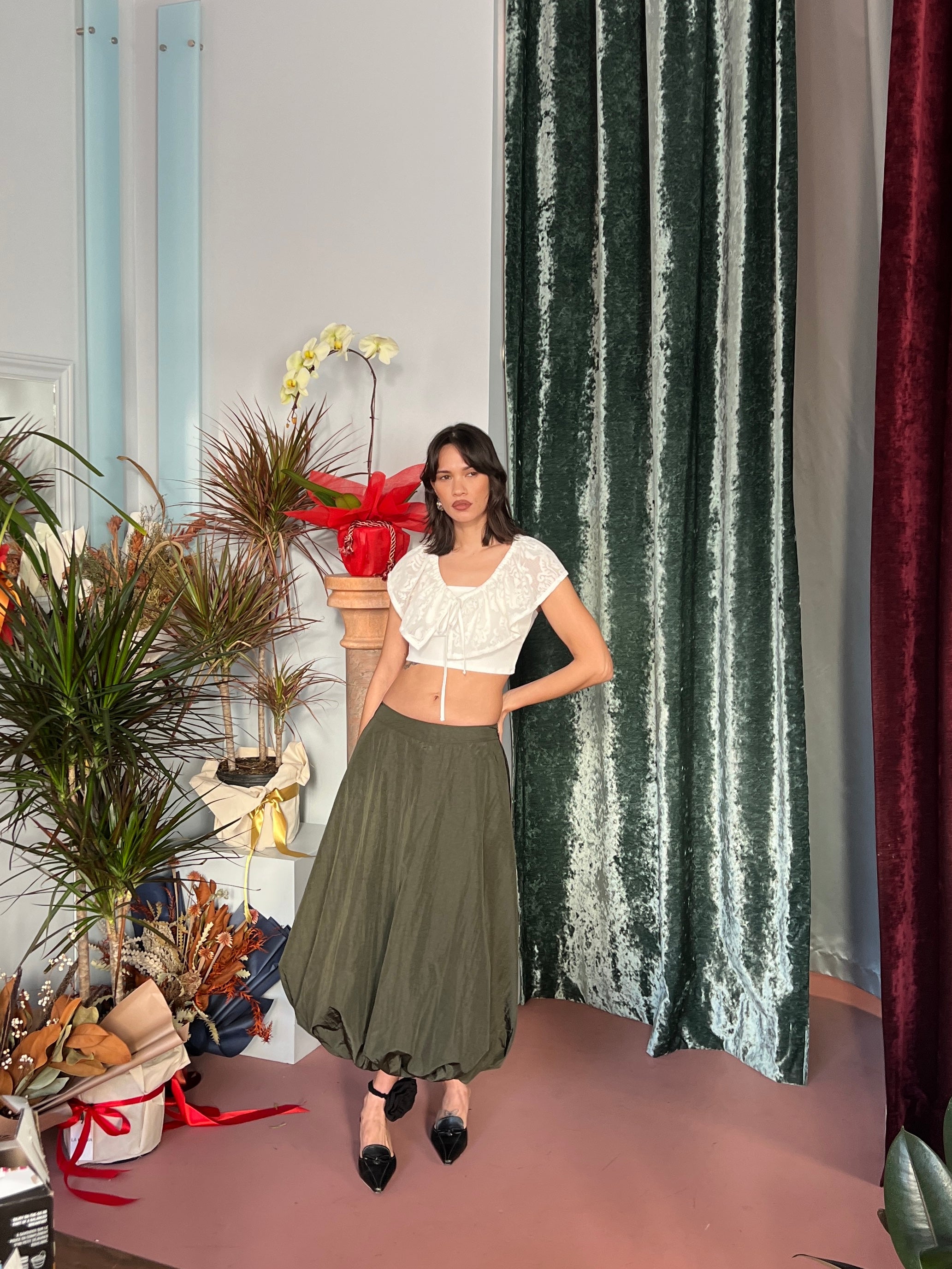A Bronze Age Hart Skirt, Midi Balloon Mid-Rise Cotton Skirt | Handcrafted in Vancouver Canada-Skirts-abronzeage.com