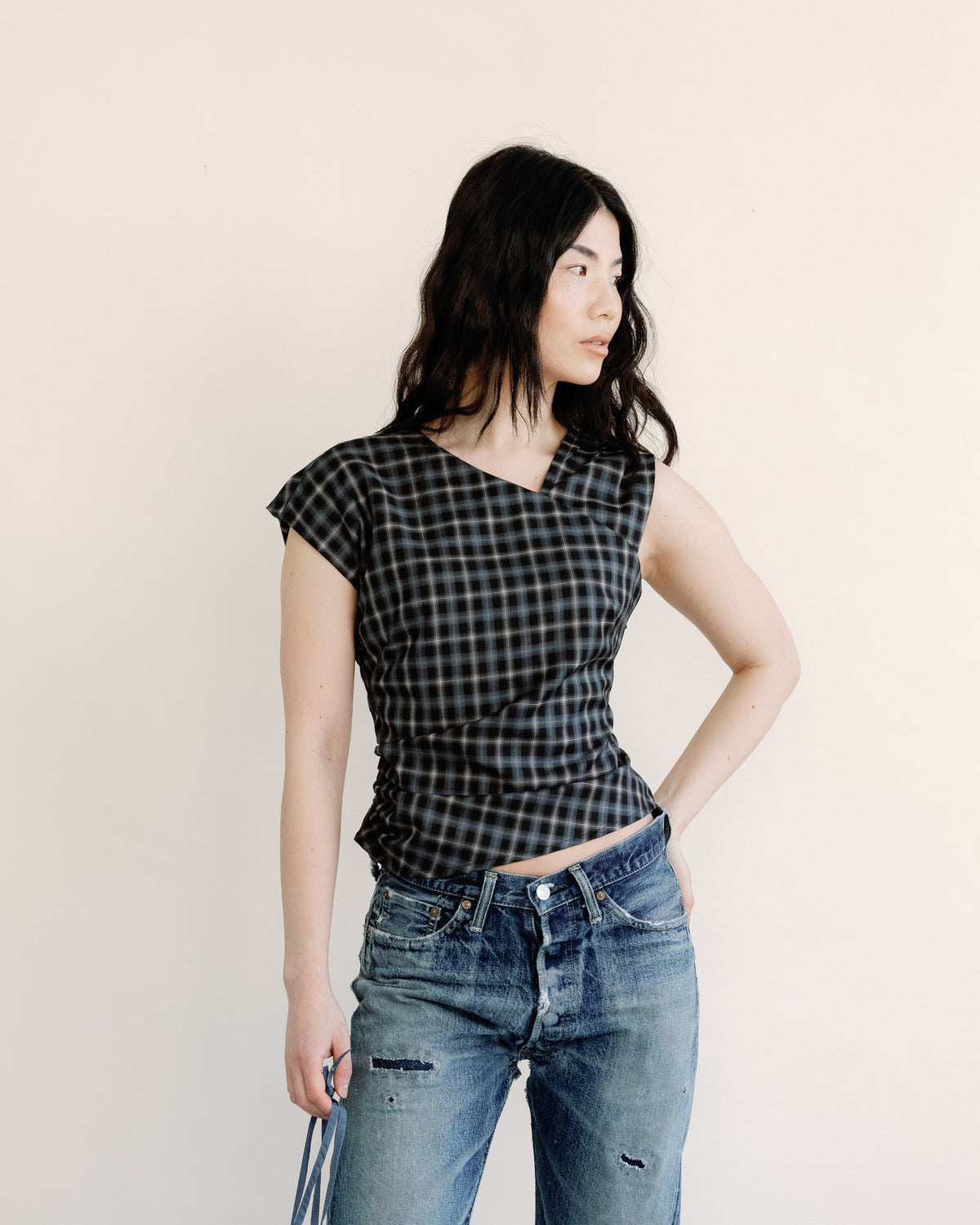 A Bronze Age Taya Top, Asymmetrical Short-Sleeve Top with Gather at Waist-Tops-Chelsea Plaid-XS-abronzeage.com