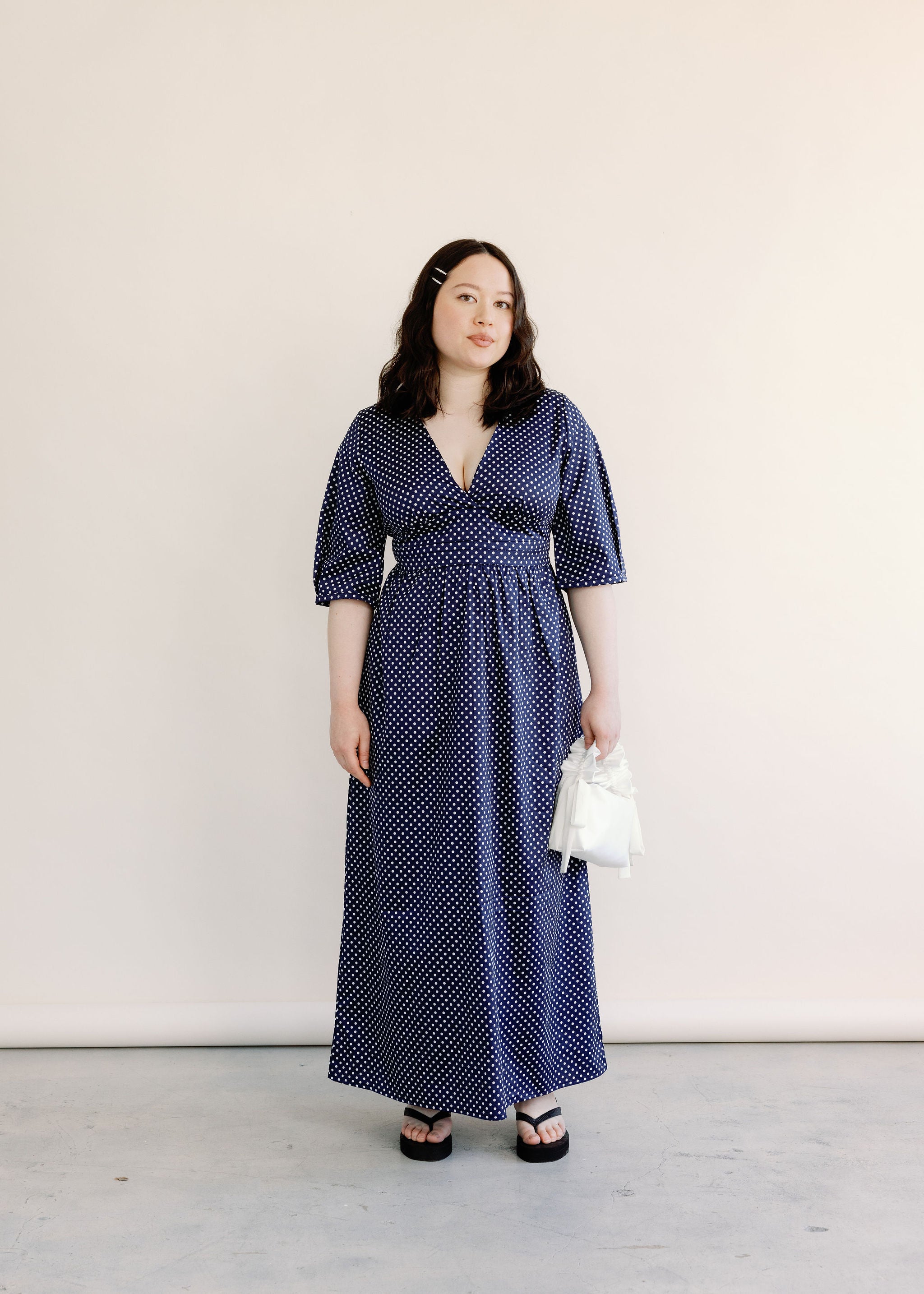 Verona V Neck Adjustable Belt Dress - Ready To Ship-Dresses-Navy Polkadot-L-abronzeage.com