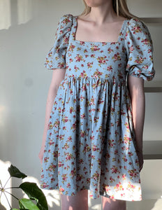 A Bronze Age Manon Mini Puff Dress, Babydoll Dress, Canada-Dresses-Floral Blue Cord-XS-abronzeage.com